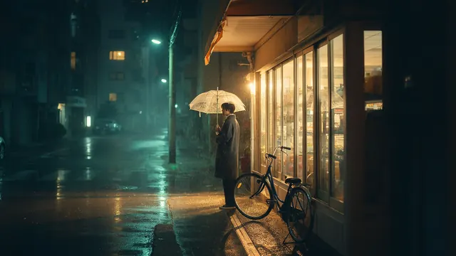 Rainy night convenience store with legible signage, generated by MOSS-Image-Base